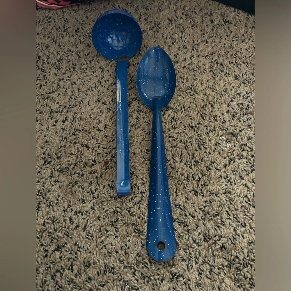 50%offw❤️ Blue/White Speckled Enamelware Metal Ladle and spoon flaw HG004